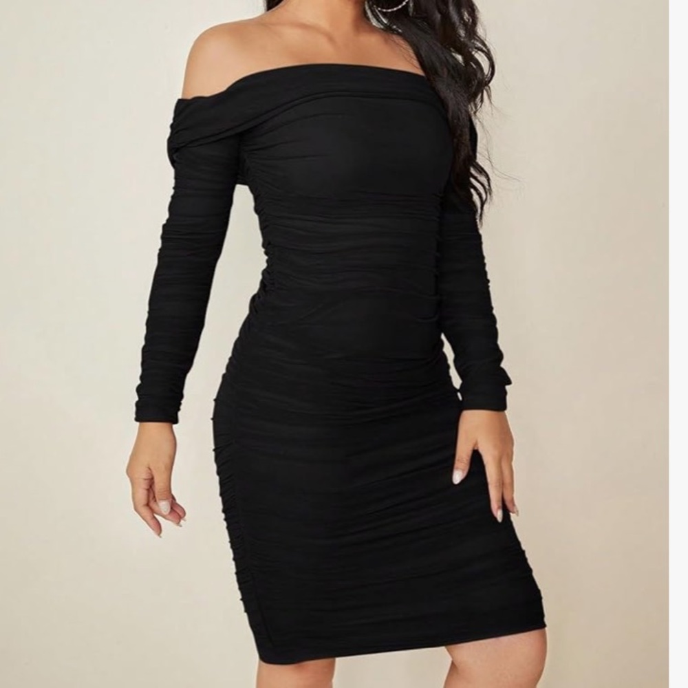 NWT DOSE black mesh long sleeve off the shoulder knee length dress size L.